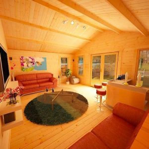 Picture Inside Log Cabin with living area including couch, bar, TV, Table & Chairs